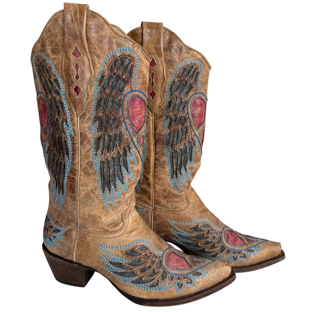 Corral A1976 Vintage Peace Heart Angel Wings Leather Western Boots Women's 9.5M